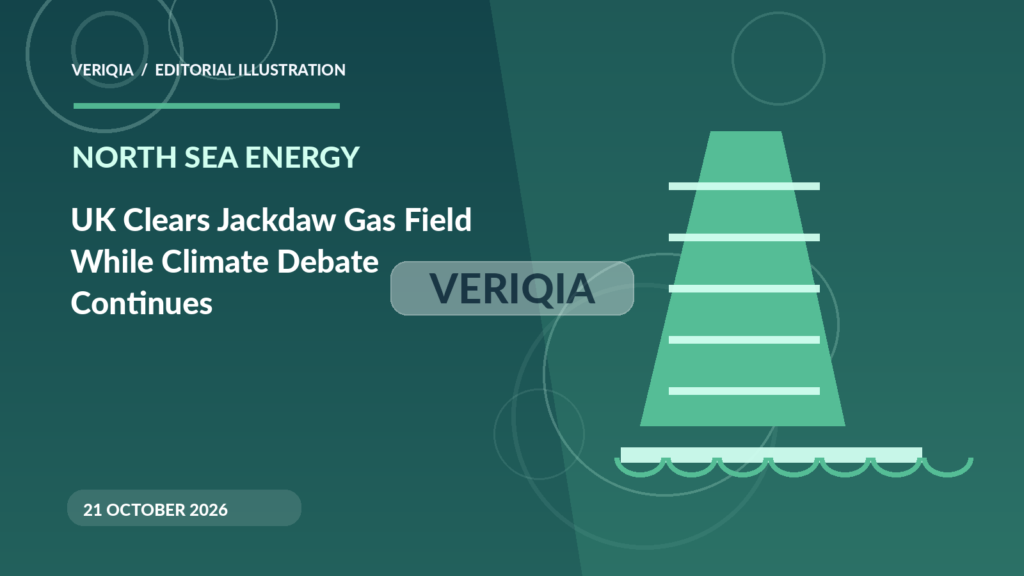 Original illustrated editorial graphic about Jackdaw North Sea gas project approval, showing rig imagery, with a centered VERIQIA watermark