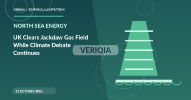 Original illustrated editorial graphic about Jackdaw North Sea gas project approval, showing rig imagery, with a centered VERIQIA watermark