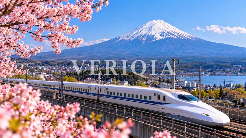 Japanese high-speed Shinkansen train near Mount Fuji and cherry blossoms with centered VERIQIA watermark