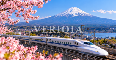 Japanese high-speed Shinkansen train near Mount Fuji and cherry blossoms with centered VERIQIA watermark