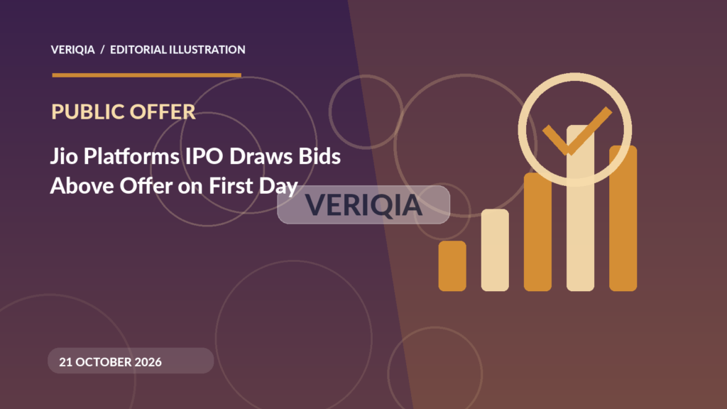 Original illustrated editorial graphic about Jio Platforms IPO first day subscriptions, showing bars imagery, with a centered VERIQIA watermark