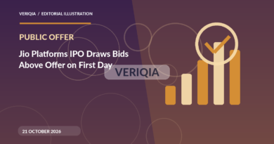 Original illustrated editorial graphic about Jio Platforms IPO first day subscriptions, showing bars imagery, with a centered VERIQIA watermark