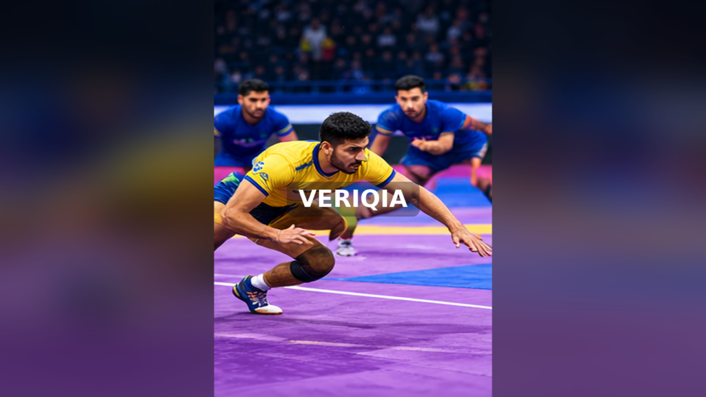 Kabaddi raider lunging toward the line with defenders in pursuit