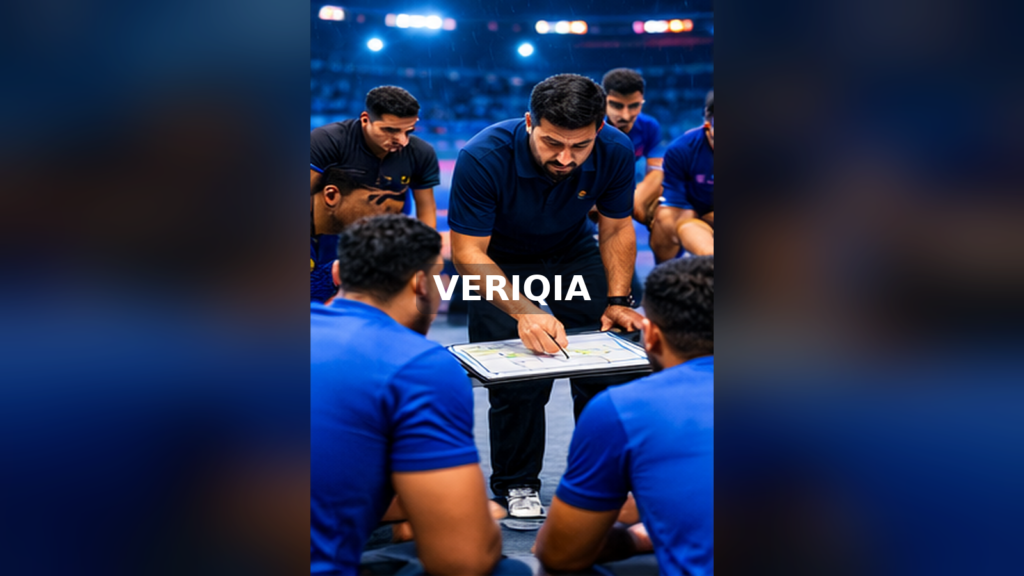 Kabaddi team huddled around a coach discussing tactics on a clipboard