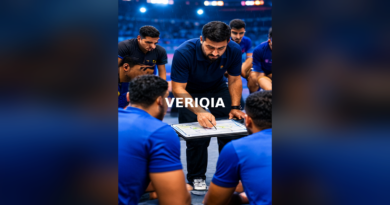 Kabaddi team huddled around a coach discussing tactics on a clipboard