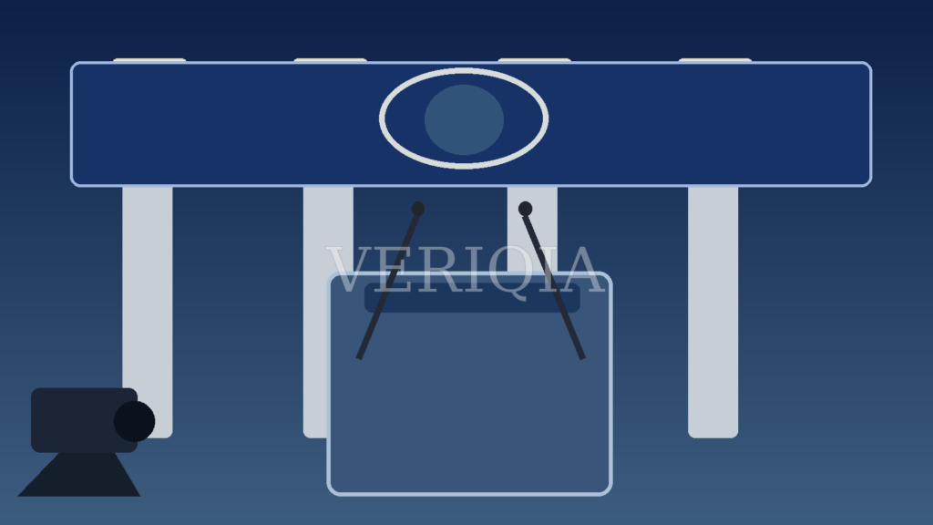 Stylized White House-style briefing room with microphones and blue podium with centered VERIQIA watermark