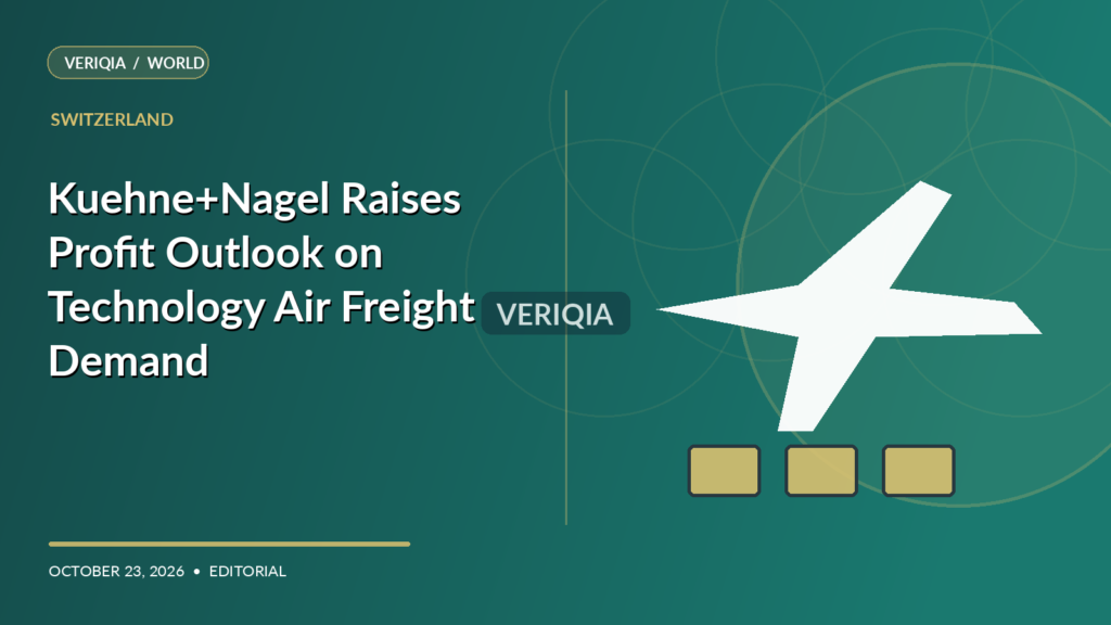 Original VERIQIA editorial illustration of cargo plane and technology freight crates for the report Kuehne+Nagel Raises Profit Outlook on Technology Air Freight Demand, with a subtle centered VERIQIA watermark.