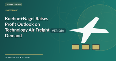 Original VERIQIA editorial illustration of cargo plane and technology freight crates for the report Kuehne+Nagel Raises Profit Outlook on Technology Air Freight Demand, with a subtle centered VERIQIA watermark.