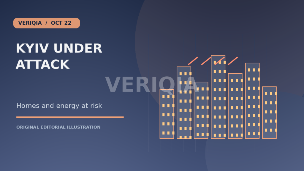 Original editorial illustration showing city buildings and damaged infrastructure for Kyiv Missile Attacks Hit Homes and Power Infrastructure as War Continues, with a centered VERIQIA watermark