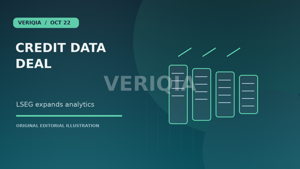 Original editorial illustration showing rows of financial data records connected by information lines for LSEG Agrees $3.54 Billion Octus Deal to Expand Credit Data Business, with a centered VERIQIA watermark