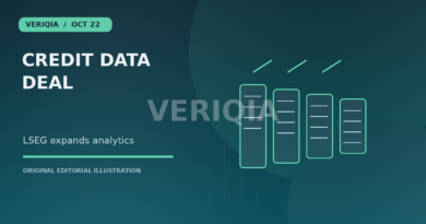 Original editorial illustration showing rows of financial data records connected by information lines for LSEG Agrees $3.54 Billion Octus Deal to Expand Credit Data Business, with a centered VERIQIA watermark