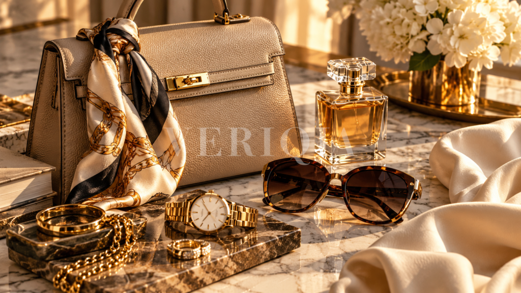 Beige handbag, silk scarf, sunglasses and jewellery arranged in warm light