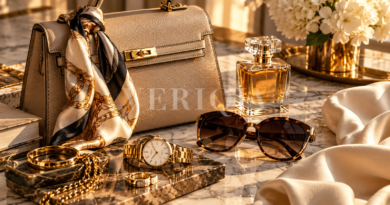 Beige handbag, silk scarf, sunglasses and jewellery arranged in warm light