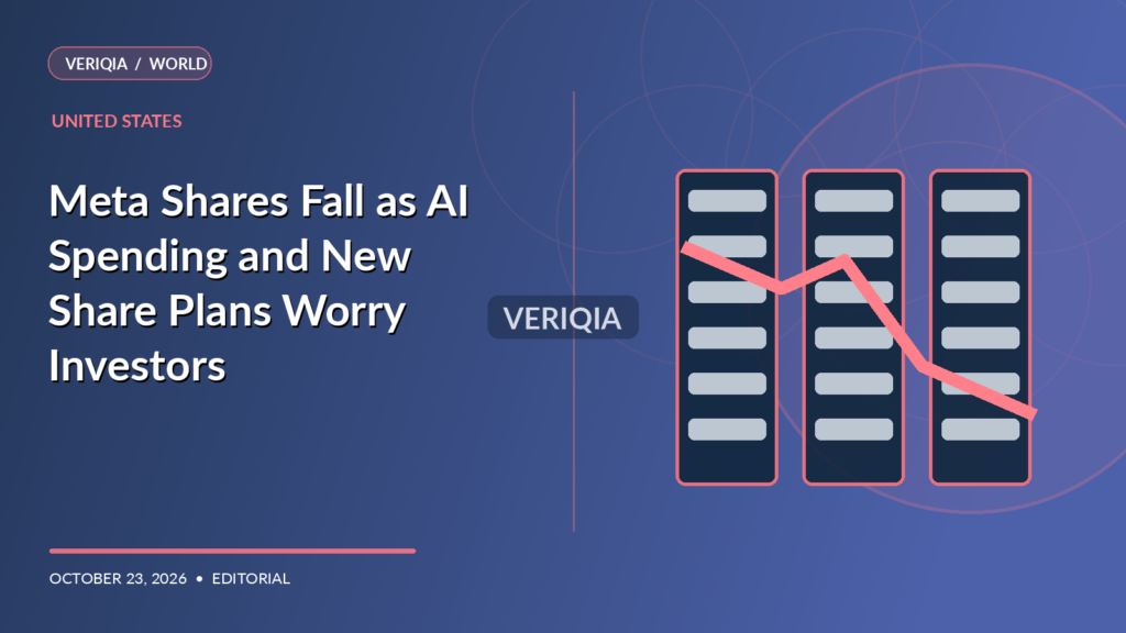 Original VERIQIA editorial illustration of AI server racks and descending stock chart for the report Meta Shares Fall as AI Spending and New Share Plans Worry Investors, with a subtle centered VERIQIA watermark.