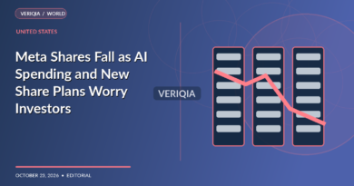 Original VERIQIA editorial illustration of AI server racks and descending stock chart for the report Meta Shares Fall as AI Spending and New Share Plans Worry Investors, with a subtle centered VERIQIA watermark.