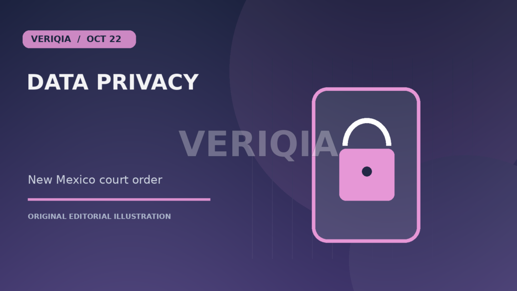Original editorial illustration showing a smartphone with a privacy padlock for Meta Faces $25 Billion New Mexico Privacy Penalty and Plans Appeal, with a centered VERIQIA watermark