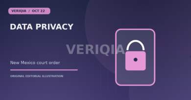 Original editorial illustration showing a smartphone with a privacy padlock for Meta Faces $25 Billion New Mexico Privacy Penalty and Plans Appeal, with a centered VERIQIA watermark