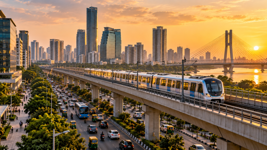 Metro train crossing an elevated track in a busy city at sunset