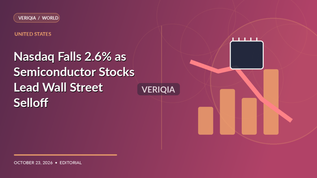 Original VERIQIA editorial illustration of red market candlesticks and semiconductor chip for the report Nasdaq Falls 2.6% as Semiconductor Stocks Lead Wall Street Selloff, with a subtle centered VERIQIA watermark.