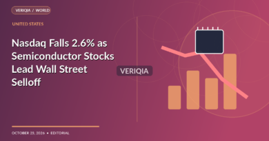 Original VERIQIA editorial illustration of red market candlesticks and semiconductor chip for the report Nasdaq Falls 2.6% as Semiconductor Stocks Lead Wall Street Selloff, with a subtle centered VERIQIA watermark.