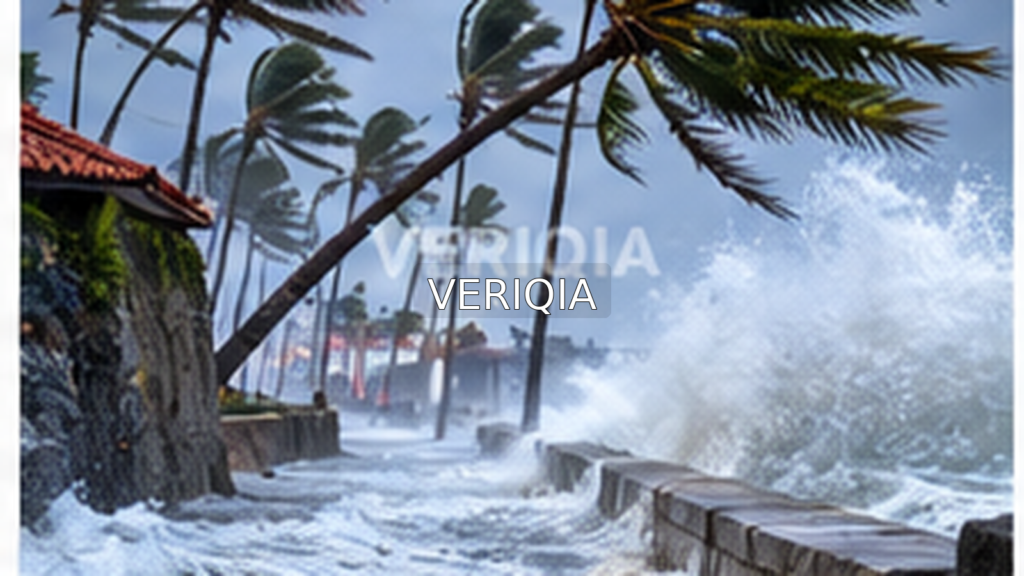 Tropical coastline battered by heavy rain and waves representing flood risks, with centered VERIQIA watermark.