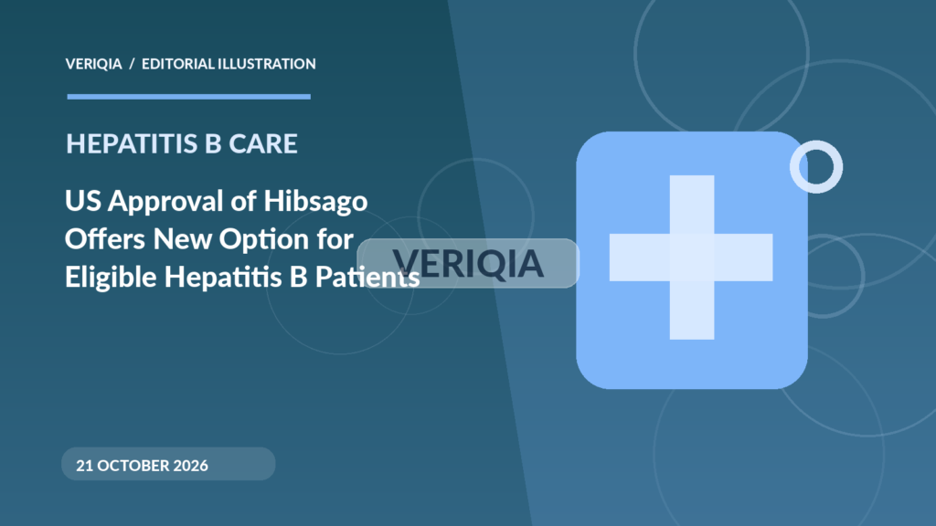 Original illustrated editorial graphic about Hibsago FDA approval hepatitis B, showing medical imagery, with a centered VERIQIA watermark