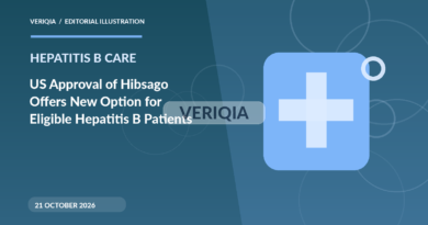 Original illustrated editorial graphic about Hibsago FDA approval hepatitis B, showing medical imagery, with a centered VERIQIA watermark