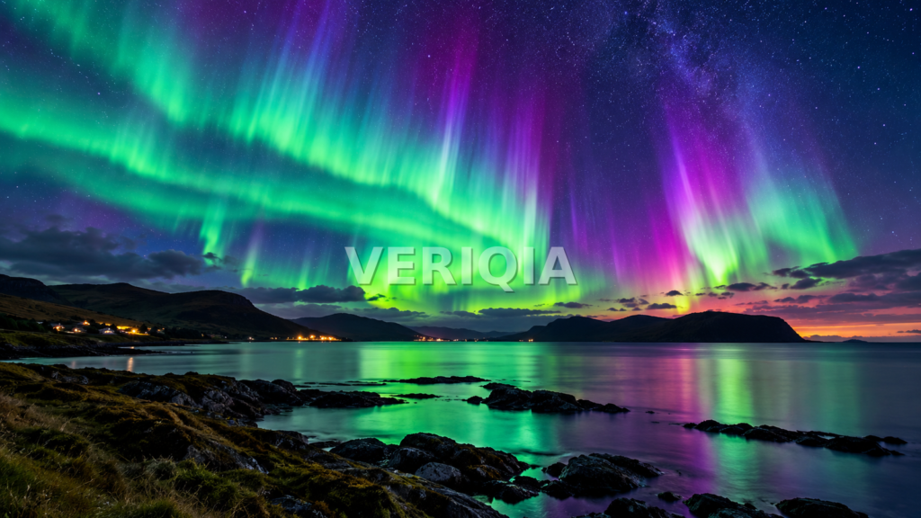 Green, teal and purple northern lights sweeping over a dark coastal inlet with reflections on the water and a centered VERIQIA watermark.