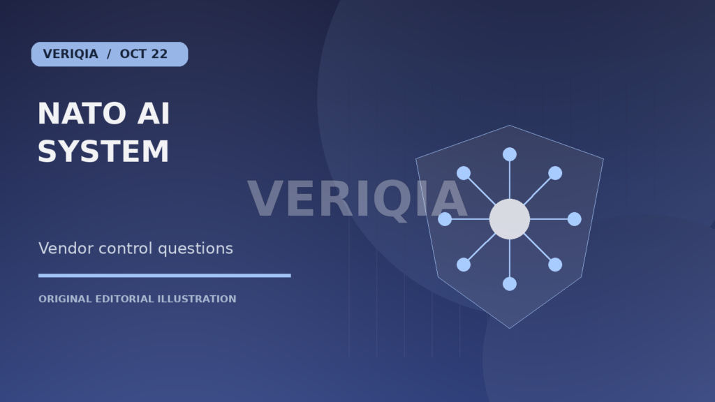 Original editorial illustration showing a defence shield with an interconnected AI network for Palantir Says NATO Controls Its AI System Amid European Dependence Debate, with a centered VERIQIA watermark