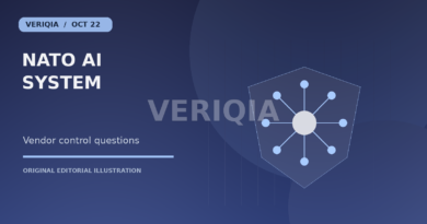 Original editorial illustration showing a defence shield with an interconnected AI network for Palantir Says NATO Controls Its AI System Amid European Dependence Debate, with a centered VERIQIA watermark