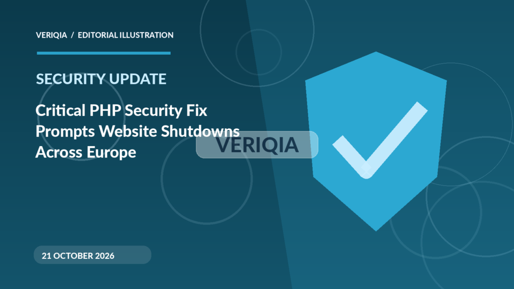 Original illustrated editorial graphic about PHP critical vulnerabilities October 2026, showing shield imagery, with a centered VERIQIA watermark