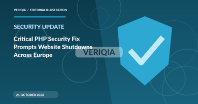 Original illustrated editorial graphic about PHP critical vulnerabilities October 2026, showing shield imagery, with a centered VERIQIA watermark