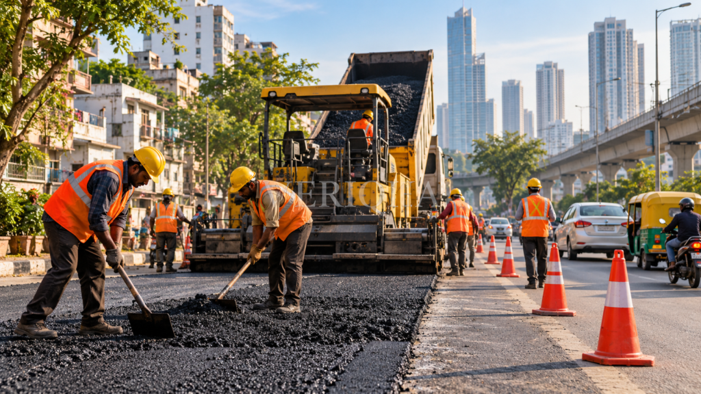 Road maintenance crew laying asphalt with safety cones on a city road