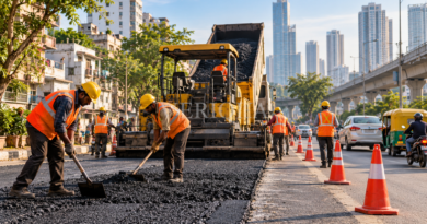 Road maintenance crew laying asphalt with safety cones on a city road