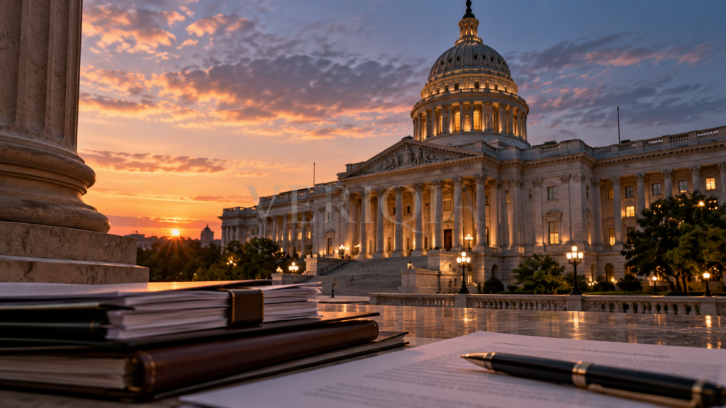 Illuminated government building at sunset with policy documents in foreground