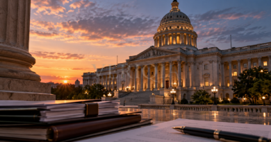 Illuminated government building at sunset with policy documents in foreground