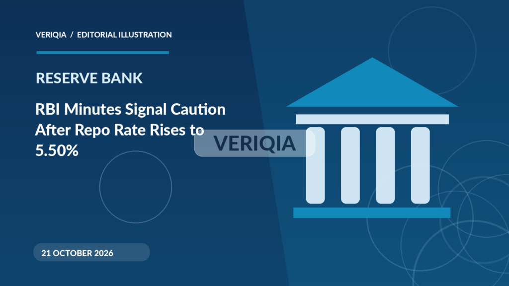 Original illustrated editorial graphic about RBI October 2026 MPC minutes, showing bank imagery, with a centered VERIQIA watermark