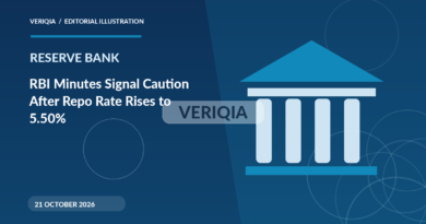 Original illustrated editorial graphic about RBI October 2026 MPC minutes, showing bank imagery, with a centered VERIQIA watermark