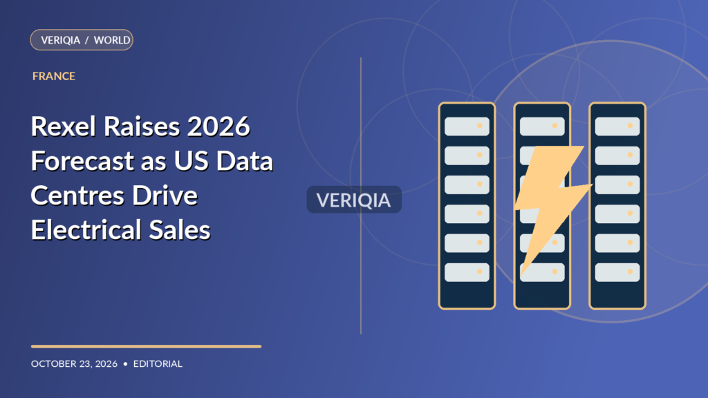 Original VERIQIA editorial illustration of data centre power cables and electric grid for the report Rexel Raises 2026 Forecast as US Data Centres Drive Electrical Sales, with a subtle centered VERIQIA watermark.