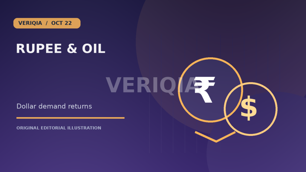 Original editorial illustration showing a rupee symbol and a dollar symbol in overlapping currency circles for Rupee Ends Eight-Day Rally as Crude Prices Push Up Dollar Demand, with a centered VERIQIA watermark