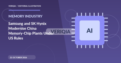 Original illustrated editorial graphic about Samsung SK Hynix China NAND upgrades, showing chip imagery, with a centered VERIQIA watermark