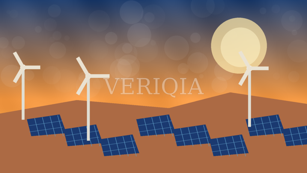 Original illustration of desert solar panels and wind turbines at sunset with centered VERIQIA watermark