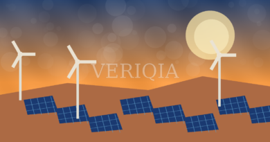 Original illustration of desert solar panels and wind turbines at sunset with centered VERIQIA watermark