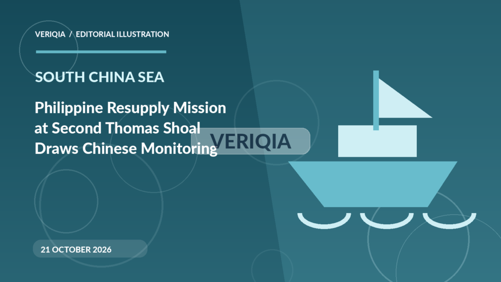 Original illustrated editorial graphic about Second Thomas Shoal resupply October 2026, showing boat imagery, with a centered VERIQIA watermark
