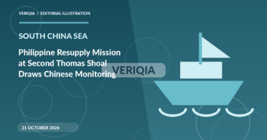 Original illustrated editorial graphic about Second Thomas Shoal resupply October 2026, showing boat imagery, with a centered VERIQIA watermark