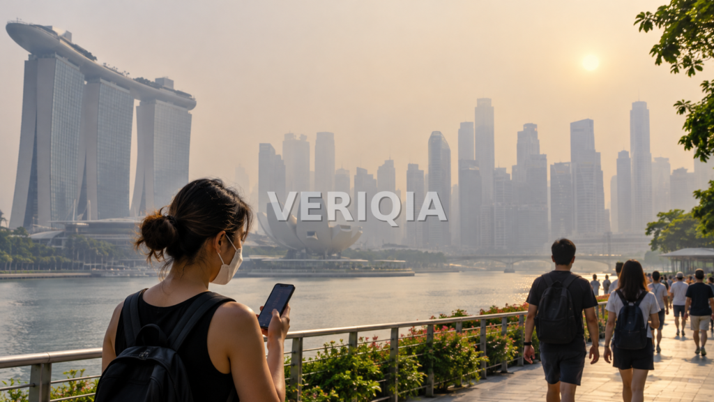 Hazy Singapore Marina Bay skyline with a masked woman checking her phone on the waterfront and a centered VERIQIA watermark.
