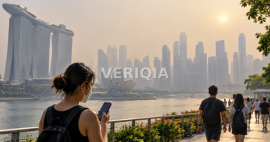Hazy Singapore Marina Bay skyline with a masked woman checking her phone on the waterfront and a centered VERIQIA watermark.
