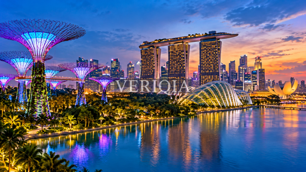 Singapore Marina Bay Sands and Supertrees illuminated at twilight with centered VERIQIA watermark