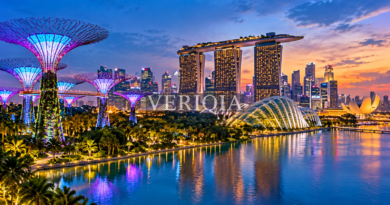 Singapore Marina Bay Sands and Supertrees illuminated at twilight with centered VERIQIA watermark