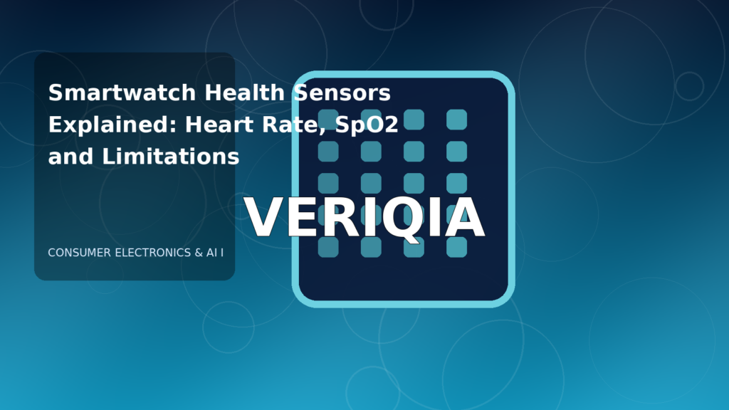 Original editorial illustration illustrating smartwatch sensors explained, with VERIQIA watermark
